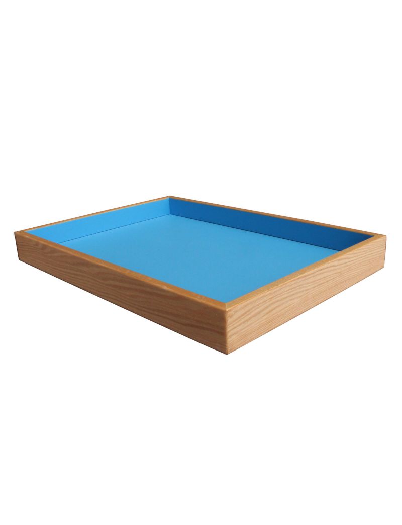 Sand Tray in Solid Oak with Ocean Blue Finish, 28.5" x 19.5" x 3"